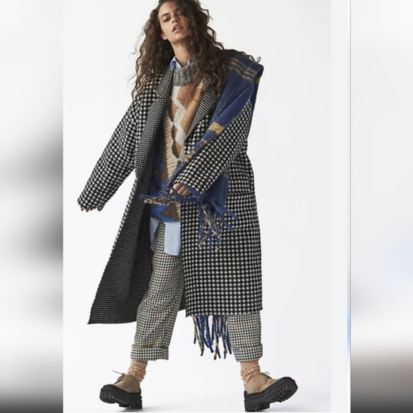 Free People Houndtooth Chelsea  Long Coat  Laine Wool Black And White Overcoat - Picture 2 of 9